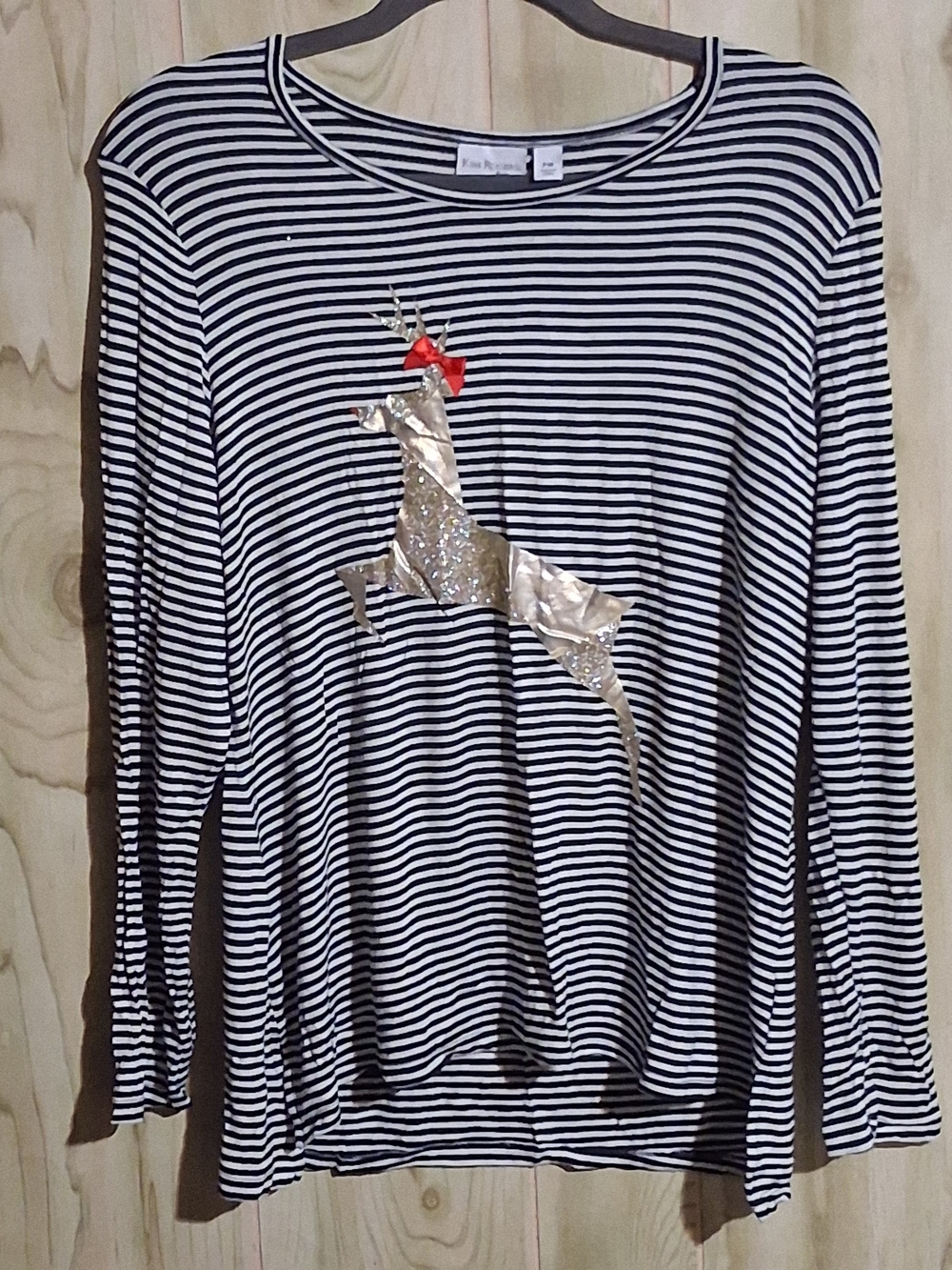 Kim Rogers Black & White Striped Long-Sleeve Top with Gold Reindeer and Red Bow